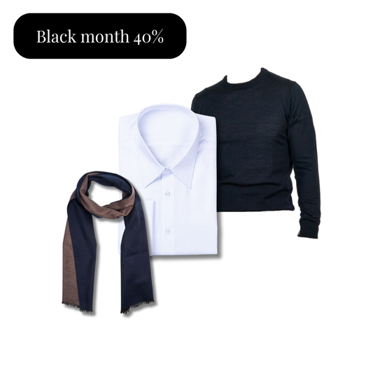 Halstørklæde, skjorte og striktrøje